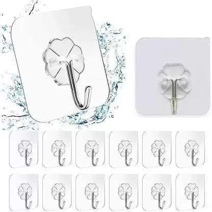 Mahek Accessories 12 Pcs Self Adhesive Wall Hooks, Heavy Duty Sticky Hooks For Hanging 10KG (Max), Waterproof Transparent Adhesive Hooks For Wall 12  (Pack of 12)